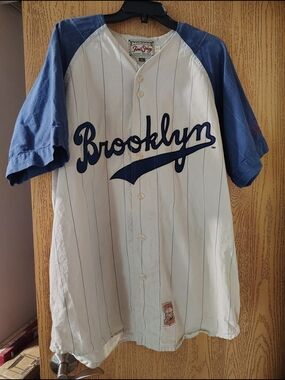 Vintage Brooklyn Baseball Jersey — White with Blue Sleeves